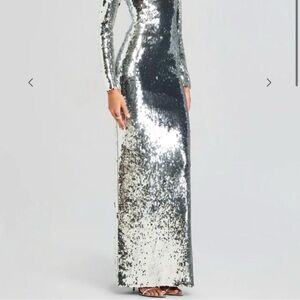 Silver Sequin Long Sleeve Gown